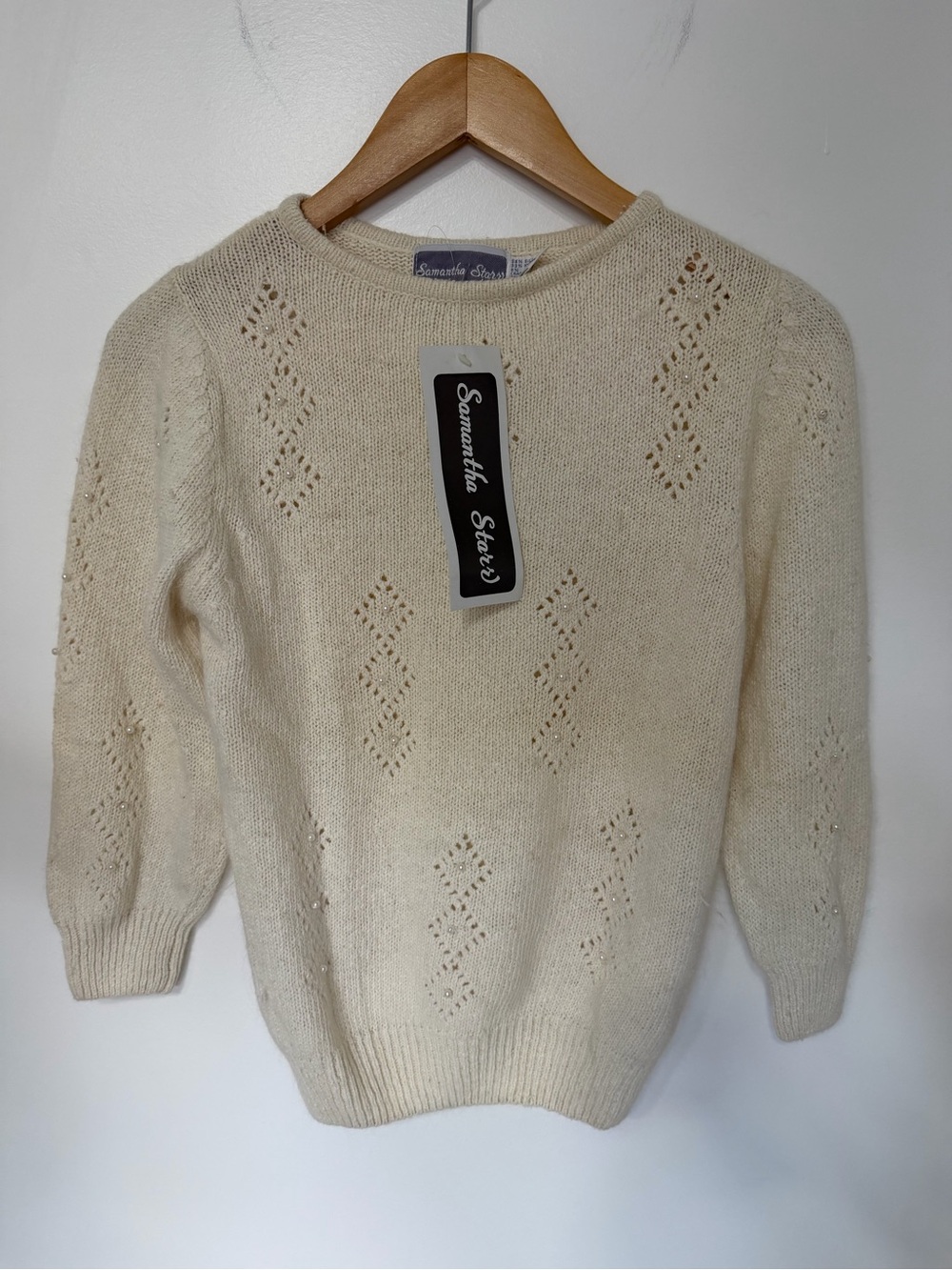 VTG Silk Angora Wool Blend Ivory Pointelle Pearl Sweater 3/4 sleeve Women’s NEW